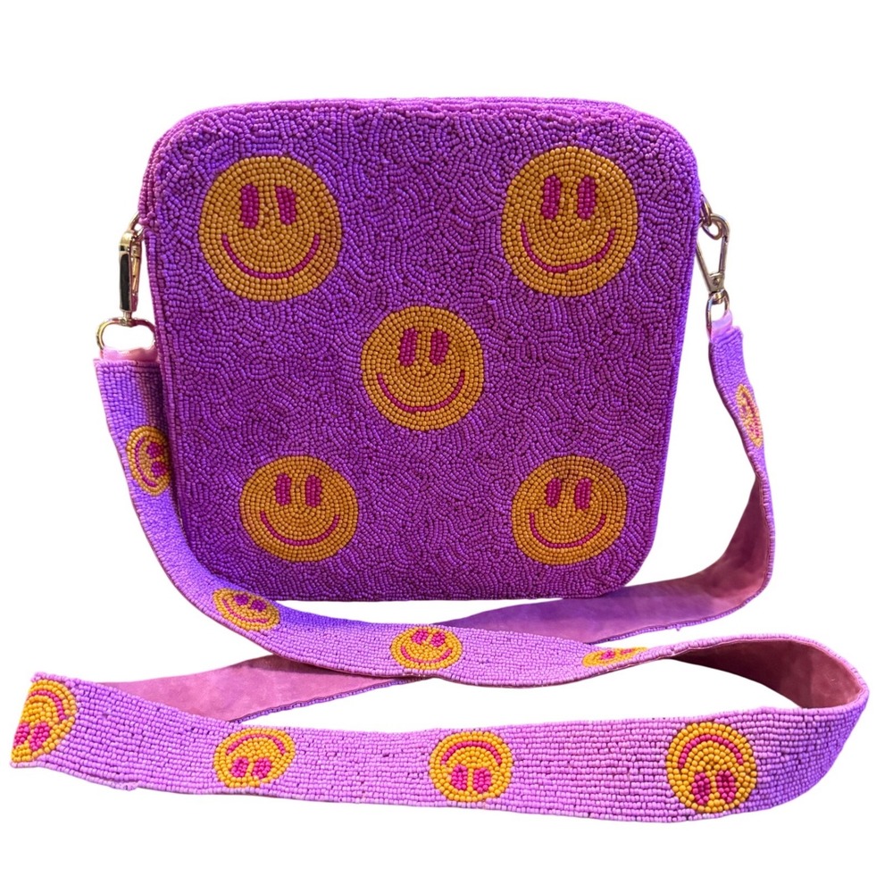 Beaded Smiley Face Rainbow Let's Cheer Each Other On Crossbody‎ Bag Purse